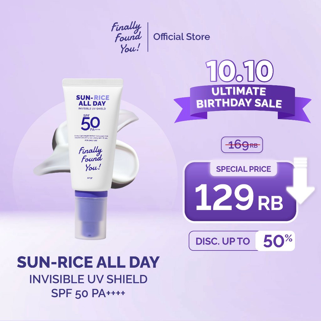 Finally Found You! SUN-RICE ALL DAY Invisible UV Shield SPF 50 PA++++ 50ml - Sunscreen Wajah untuk Semua Jenis Kulit, Melindungi dari Sinar UVA UVB, Mencerahkan Wajah dan Memberikan Hasil Glass Skin