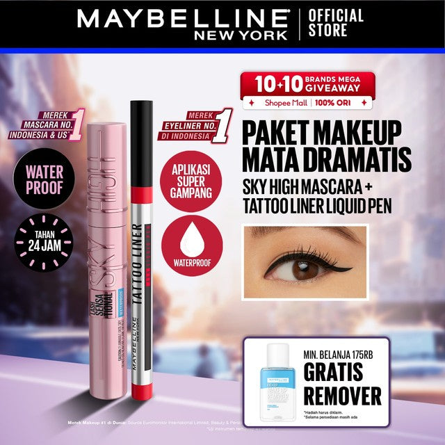 Maybelline Paket Makeup EYE Sky High Mascara + Tattoo 48h Eyeliner - Waterproof Maskara Eye Makeup Black Smudgeproof Panjang Tebal