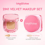 Glad2Glow 2lN1 VELVET MAKEUP SET-LOOSE POWDER+CUSHION Coverage Tinggi Second Skin Flawless Semi Matte Transferproof Tahan Lama instan Blurring Minyak Extract Air Blurry Technology