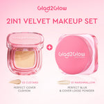 Glad2Glow 2lN1 VELVET MAKEUP SET-LOOSE POWDER+CUSHION Coverage Tinggi Second Skin Flawless Semi Matte Transferproof Tahan Lama instan Blurring Minyak Extract Air Blurry Technology