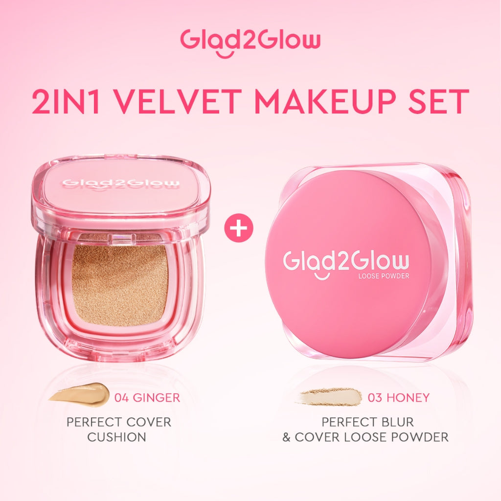 Glad2Glow 2lN1 VELVET MAKEUP SET-LOOSE POWDER+CUSHION Coverage Tinggi Second Skin Flawless Semi Matte Transferproof Tahan Lama instan Blurring Minyak Extract Air Blurry Technology