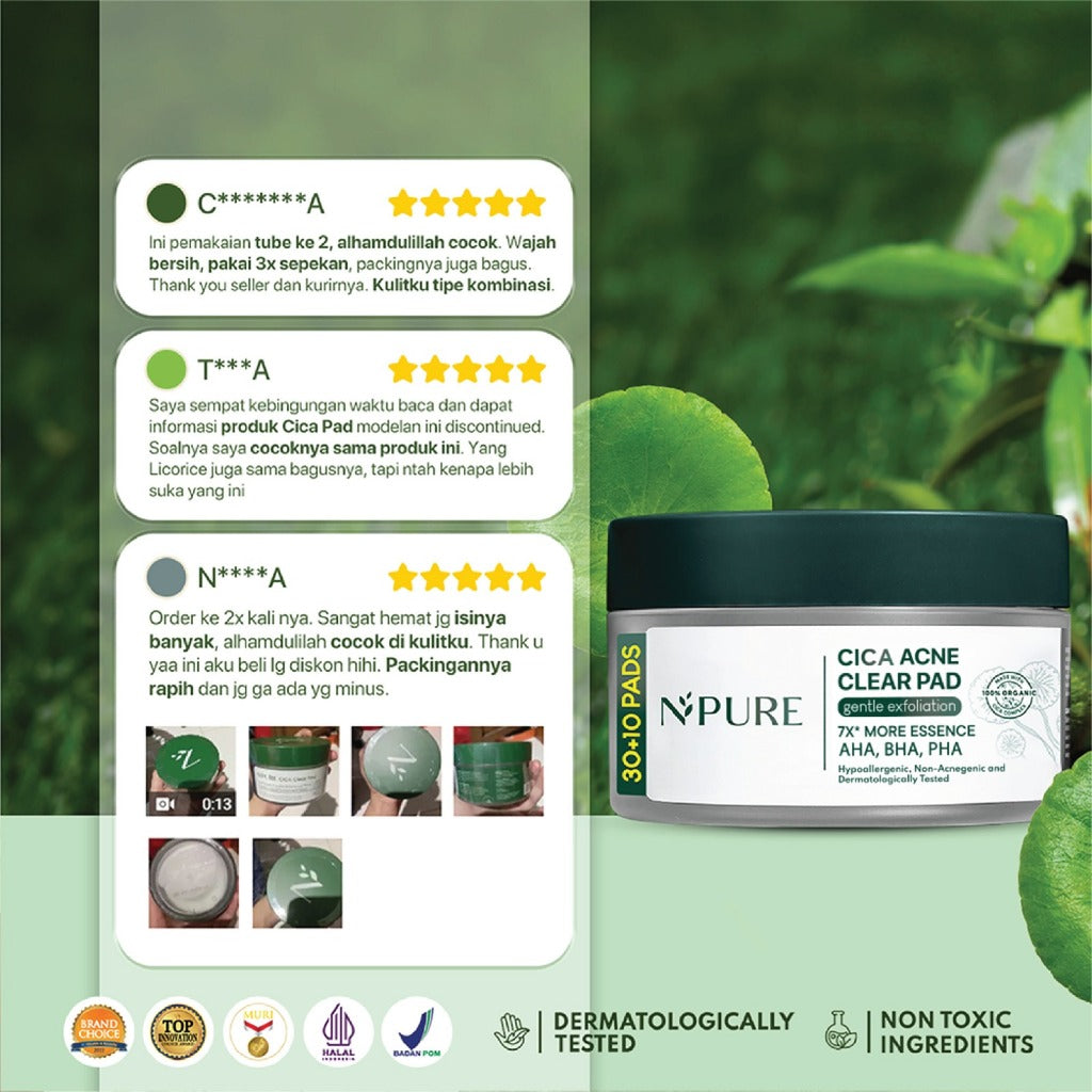 NPURE Gentle Exfoliation Pad / Acne Clear Pad Cica / Kapas Eksfoliasi Kulit Jerawat / Acne Exfoliating Pad (40 pads) Acid Extract Glycolic Pha Wajah Bruntusan