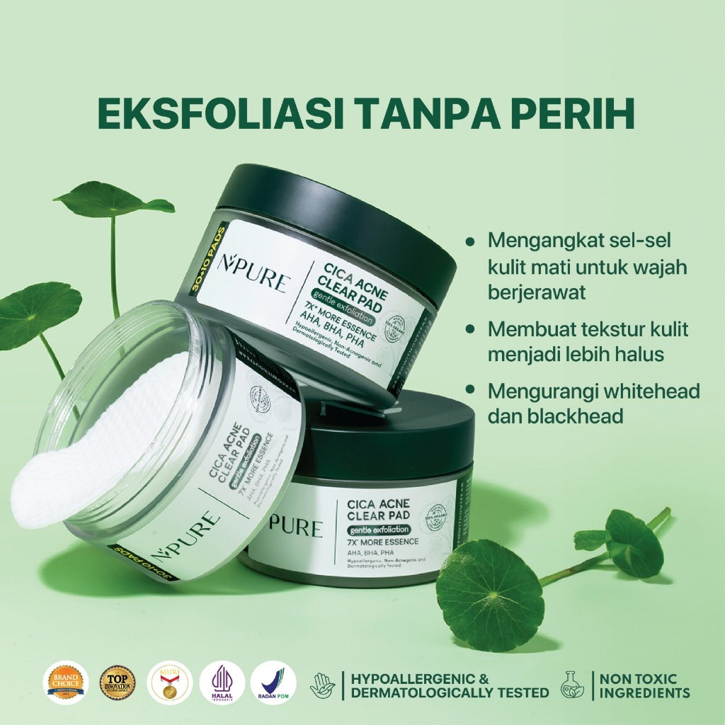 NPURE Gentle Exfoliation Pad / Acne Clear Pad Cica / Kapas Eksfoliasi Kulit Jerawat / Acne Exfoliating Pad (40 pads) Acid Extract Glycolic Pha Wajah Bruntusan