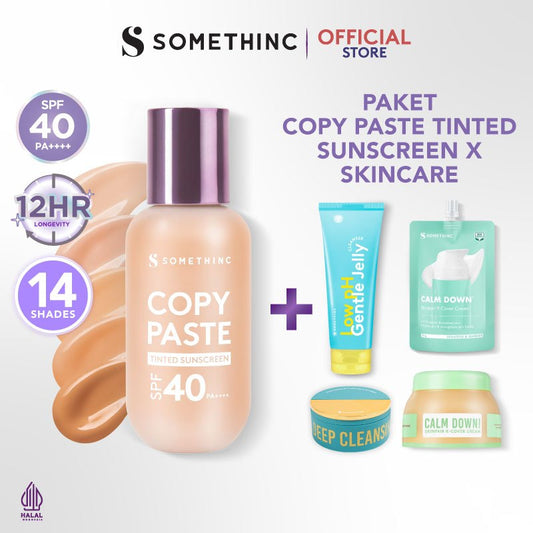 SOMETHINC [2 PCS] Copy Paste Tinted Sunscreen X Skincare (Copy Paste Tinted Sunscreen SPF 40 PA++++ Skin Tint, Calm Down Moisturizer Cream, Omega Butter Deep Cleansing Balm, Low pH Gentle Jelly Cleanser)