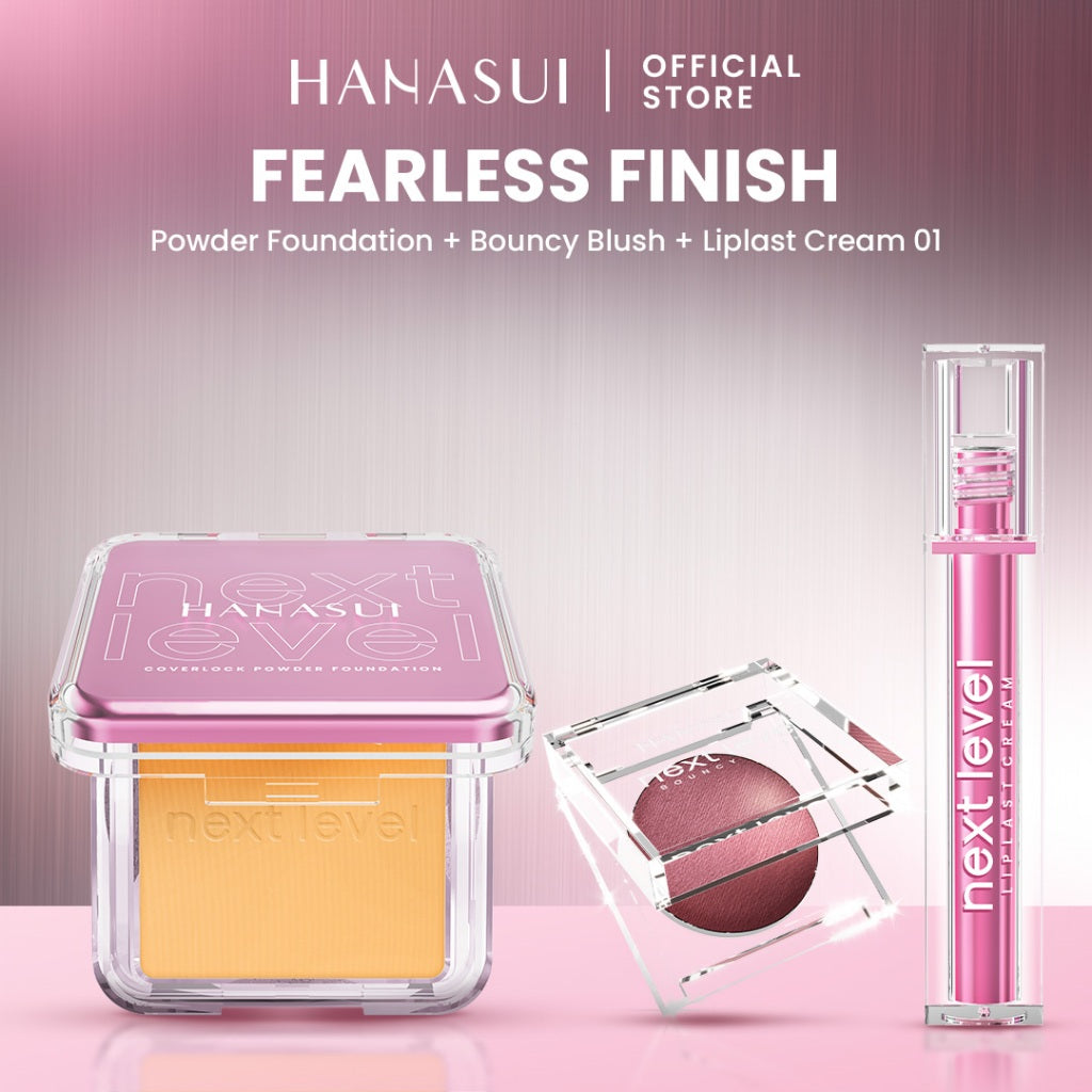 Hanasui Your Next Level Look – Bundle Makeup Lengkap & Tahan Lama Untuk Tampilan Flawless | Next Level Powder Foundation Primer Liplast Bouncy Blush Blurry Tint