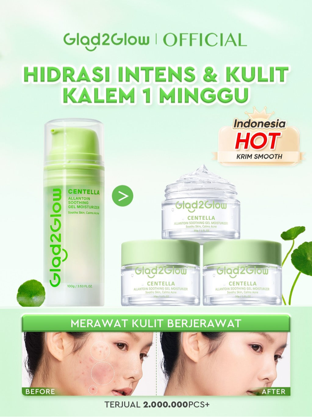 Glad2Glow Centella Water Gel Soothing Moisturizer Madeca Cream Berjerawat Acne Cica Pelembab Wajah 100g  Menenangkan kulit Mengurangi kemerahan Mengontrol minyak Mengobati kulit berjerawat Menjaga g2glow official store