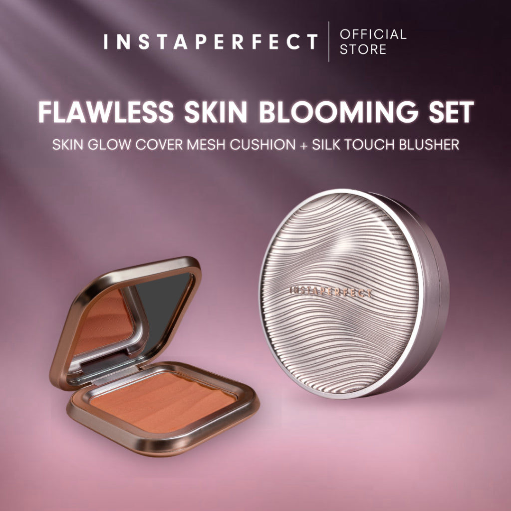 Instaperfect Flawless Skin Blooming Complete Set - Real Skin High Coverage Complexion, Healthy Glow, Blurring, Dimensional Cheeks (Primer + Skin Glow Mesh Cushion + Silk Touch Blusher)- Paket Glowing Make Up