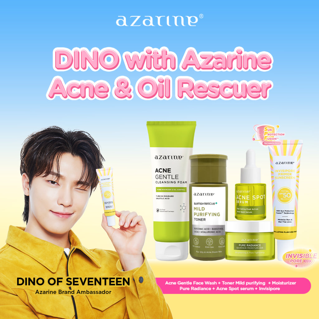 [BUY 5 GET 10] Azarine Acne & Oil Rescuer [5 PCS] Acne Gentle Face Wash Kulit Berminyak Pembersih Wajah+Toner Mild purifying+Pure Radiance Moisturizer untuk Mencerahkan Kulit Kusam+Acne Spot Serum Obat Totol Jerawat+Invisipore Primer Sunscreen SPF 50 PA++