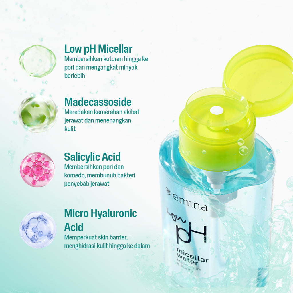 NEW! Emina Low pH Micellar Water Series - HyaluBright Smooth & Made-Calm Purify Micellar Water 300 ml & 125 ml