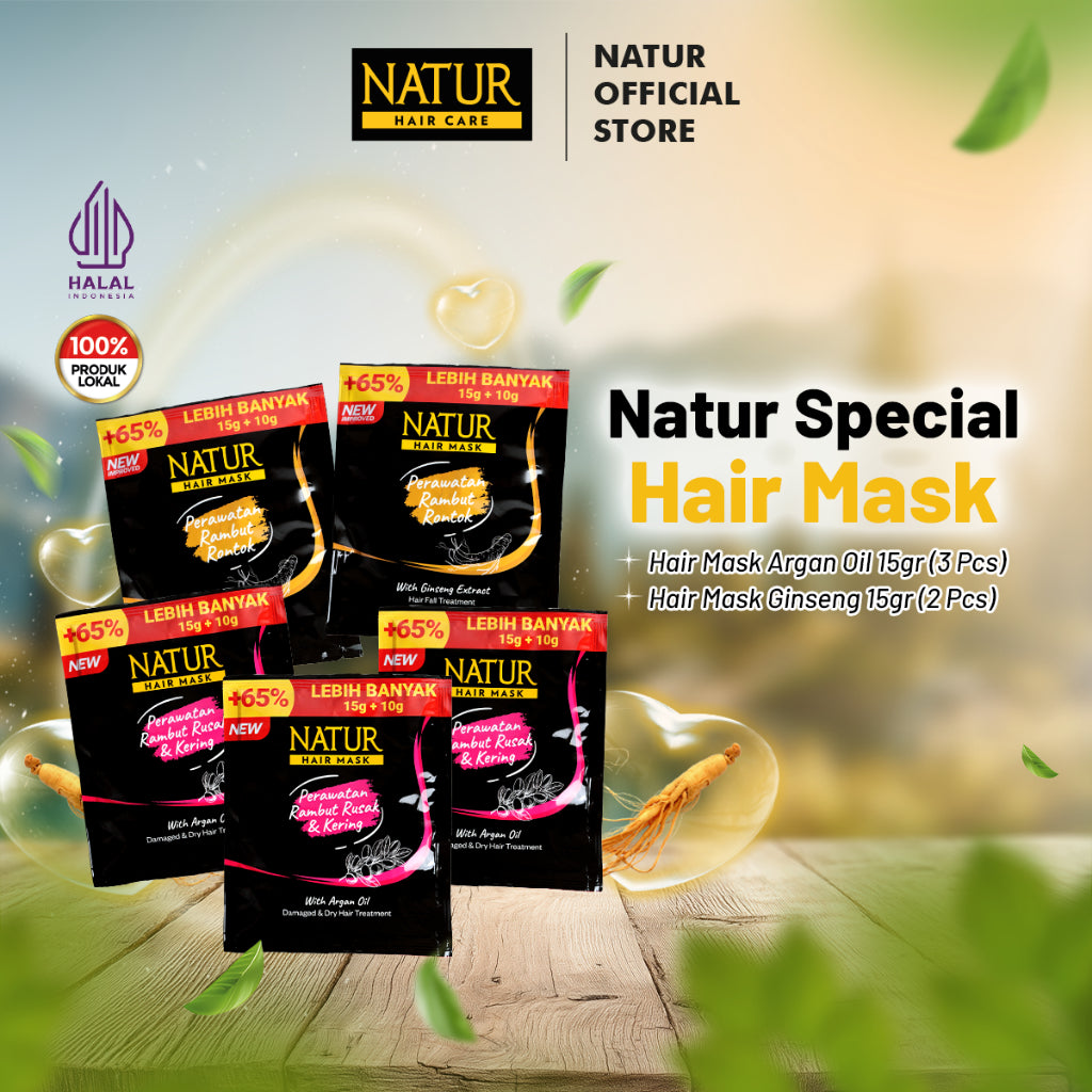 Natur Special Hair Mask Olive Oil 3pcs & Hair Mask Ginseng 2pcs - Paket Masker Menjaga dan Merawat Rambut Rontok / Anti Hair Fall / Menguatkan Akar Rambut