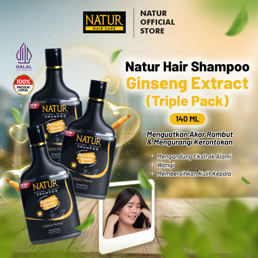 Triple Natur Shampoo Extract Ginseng 140 ml - Paket Sampo Rambut Rontok 3 pcs / Anti Hair Fall / Menguatkan Akar Rambut