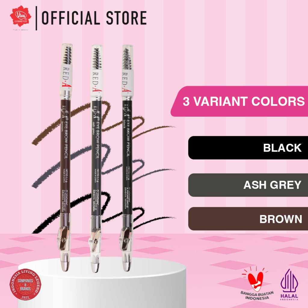 Red-A 3-in-1 Eye Brow Pencil with Spoolie & Sharpener - WATERPROOF, BLENDABLE, MULTIUSE (Tersedia 3 Varian Warna)