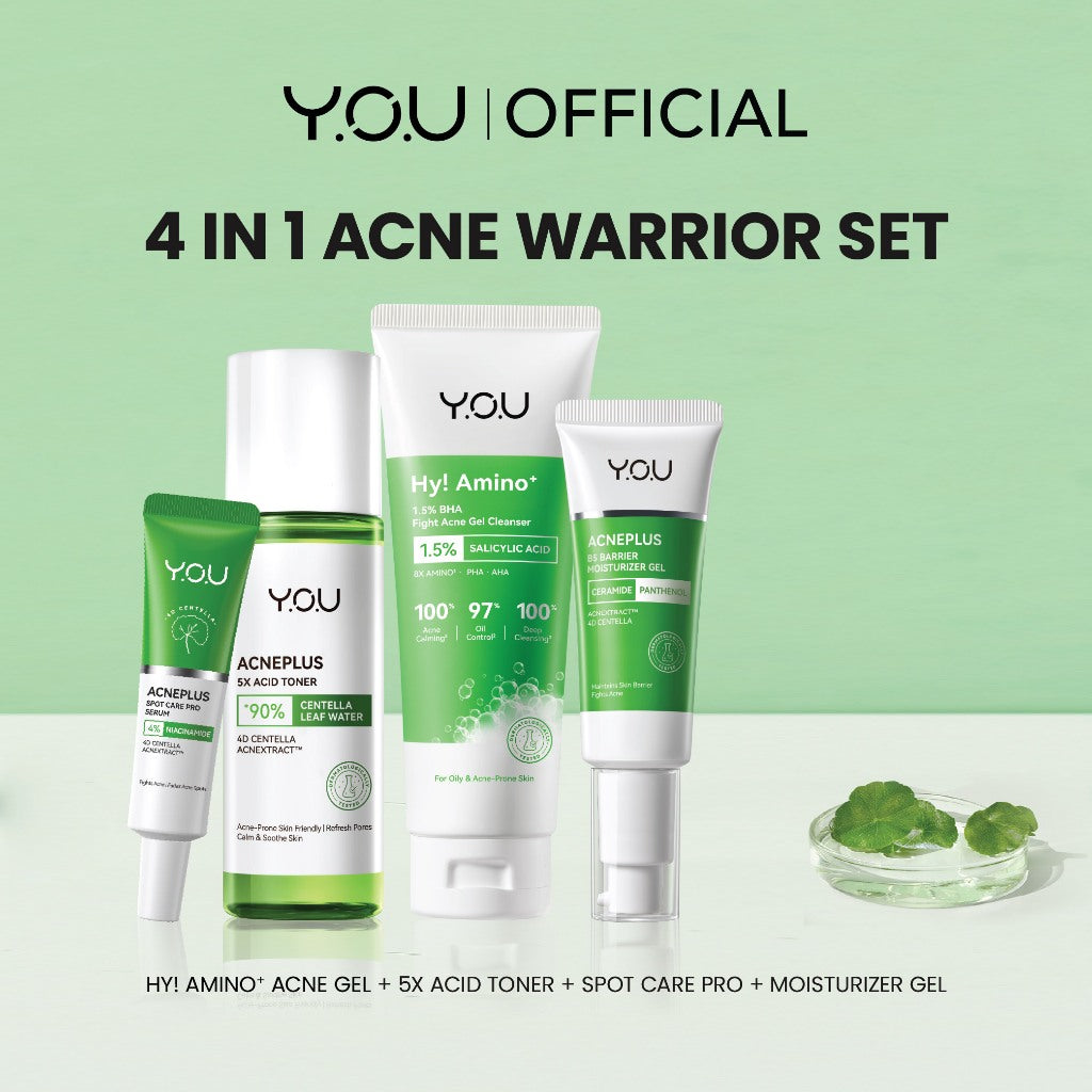 YOU Acneplus 4in1 Bundle Exfoliating Toner, Acne Spot, Serum, Hy! Amino+ 1.5% BHA Fight Acne Gel Cleanser Serum Jerawat Obat Totol Jerawat Paket Skincare