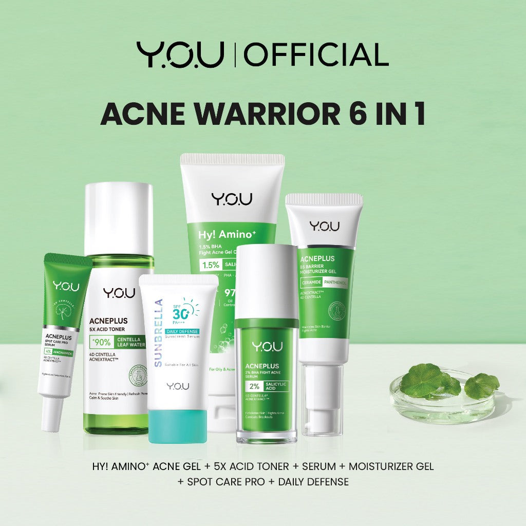Acne Warrior 6in1 Bundle Acneplus Spot Care, Toner, Acneplus Moisturizer Gel, Serum, Hy! Amino+ 1.5% BHA Fight Acne Gel Cleanser, Sunbrella Triple UV Sunscreen