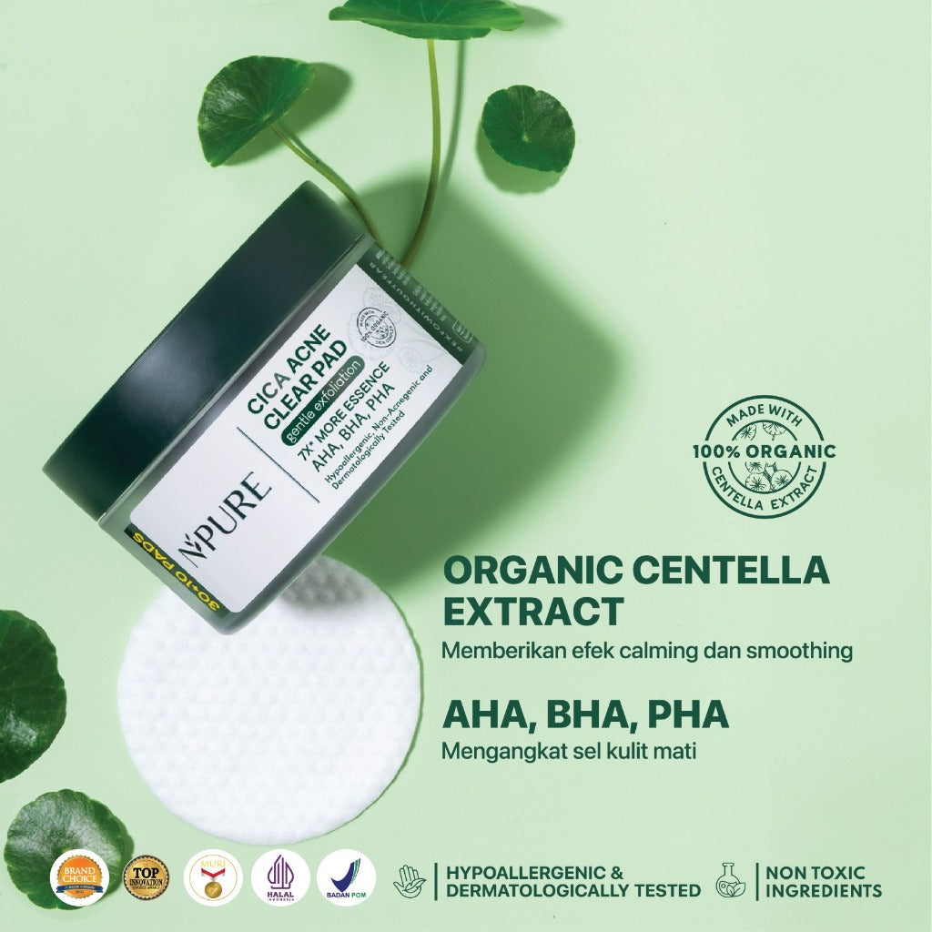 GENTLE EXFOLIATION PAD CICA  -  NPURE Acne Clear Pad Cica / Kapas Eksfoliasi Kulit Jerawat / Acne Exfoliating Pad (40 pads) Acid Extract Glycolic Pha Wajah Bruntusan