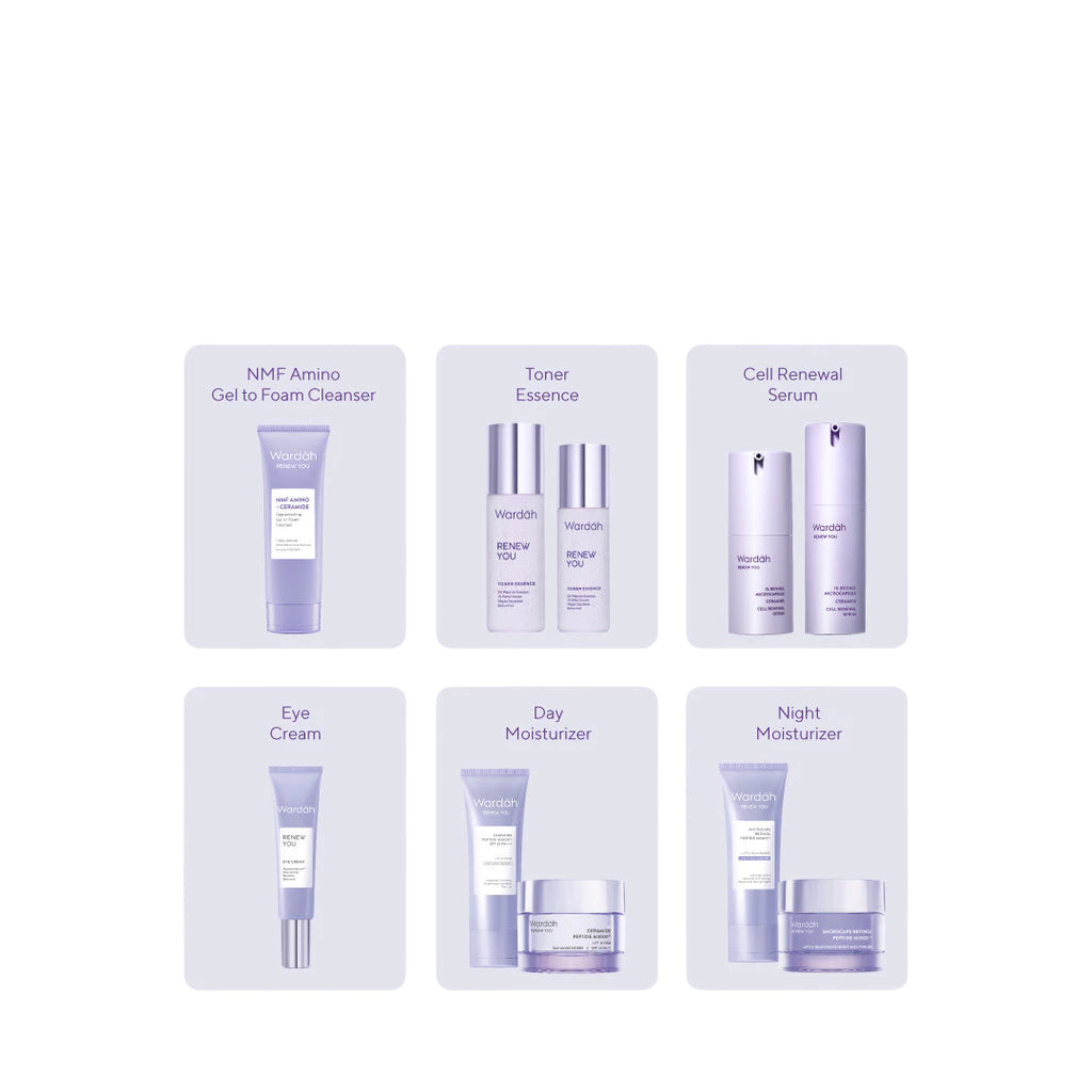 WARDAH Renew You Series Lengkap - Foam Cleanser, Toner Essence, Renewal Serum, Eye Cream, Day Moisturizer, Night Moisturizer - Skincare