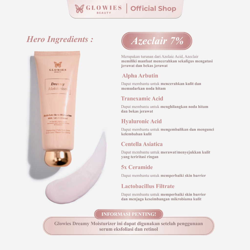 FLASH SALE Glowies Beauty Dreamy Moisturizer Skincare Repair Skin Barrier Melembapkan dan Meredakan Jerawat PIE/PIH with 7% Azeclair 6% Niacinamide Tranexamic Acid Alpha Arbutin Acne Calming Water Gel