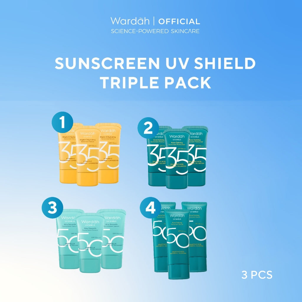 [TRIPLE PACK] Wardah UV Shield Sunscreen SPF 35 SPF 50 Airy Smooth Essential Gel Acne Calming Aqua Fresh Tone Up Physical - Skincare