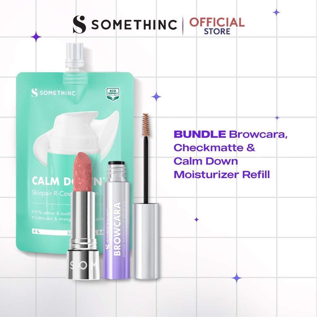 [PROMO LIVE 50%] SOMETHINC Skincare Makeup Trio | Maskara Alis Tahan Lama Anti Air Smudgeproof| Pelembap Muka untuk Kulit Sensitif, Kemerahan, Kulit Normal| Lipstick Batang Transferproof Calm Down, Browcara 24hold Waterproof Brow Gel, CheckmaTte