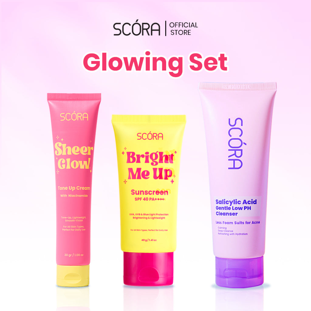 [Glowing Set] SCORA Bright Me Up Sunscreen 40 Gr + SCORA Gentle and Soothe Micellar Cleansing Water 100ML + Scora Sheer Glow Tone Up Cream 30 mL + SCORA Gentle Low pH Cleanser 100ml