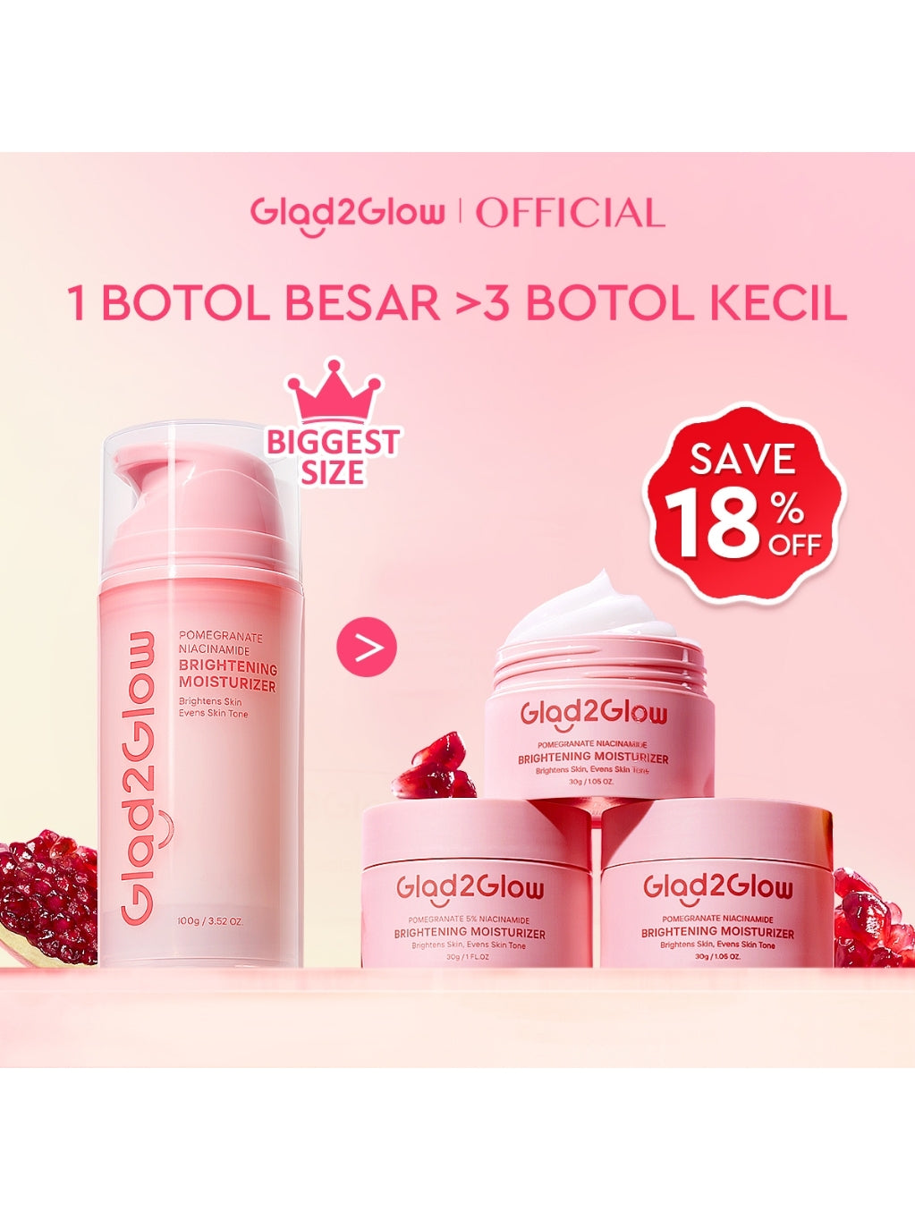 [Isi Besar Hemat]Glad2Glow Moisturizer Series100G Water Gel Niacinamide Brightening Retinol CentellaMencerahkan Pemutih Kulit Pelembab Bercahaya Krim Siang dan Malam Perawatan Kulit Ekstrak Delima Asam Lemak Asam Delima Wajah G2glow official store