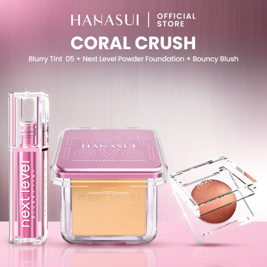 Hanasui Your Next Level Look – Bundle Makeup Lengkap & Tahan Lama Untuk Tampilan Flawless | Next Level Powder Foundation Primer Liplast Bouncy Blush Blurry Tint