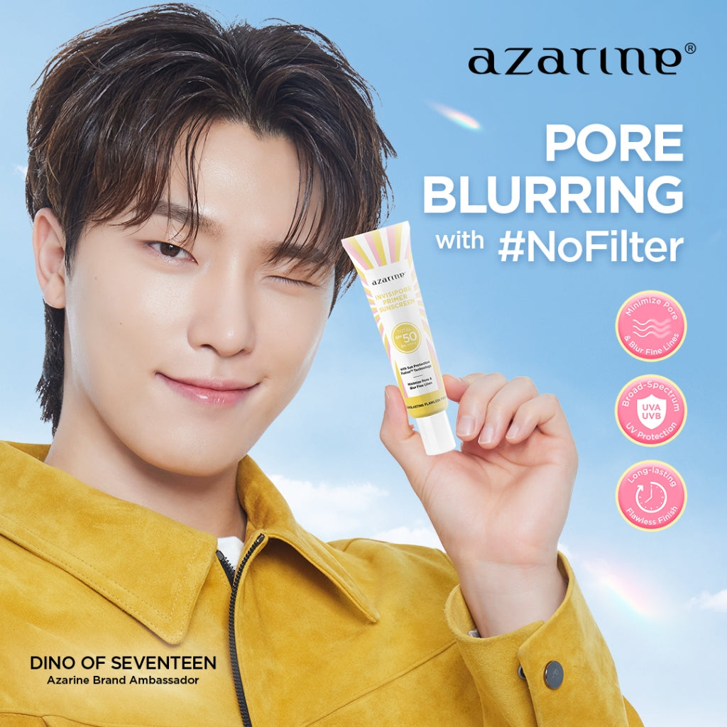 Azarine Invisipore Primer Sunscreen SPF 50 PA++++ 30gr Primer Makeup Pore Blurring Tahan Lama Longlasting Flawless Finish dengan PENTAVITIN™, Niacinamide, dan Centella Asiatica membantu melindungi dari polusi, sinar bluelight, sinar UV Semua Jenis Kulit