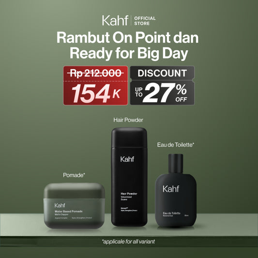 [SPECIAL KAHF DECODE : PAKET GANTENG TANPA RIBET] Paket Rambut On Point & Ready for Big Day (Pomade + Hair Powder + Eau de Toilette) - 3in1 Bundle untuk Mengatasi Rambut Lepek Cocok untuk Acara Penting - Approved by Barber & Suitable for Daily Use