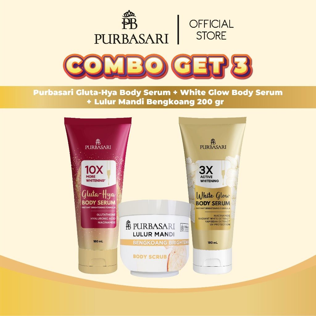 [COMBO SUPER] Purbasari Body Serum 180ml Gluta Hya + White Glow dan Purbasari Lulur Mandi Bengkoang 200 gr