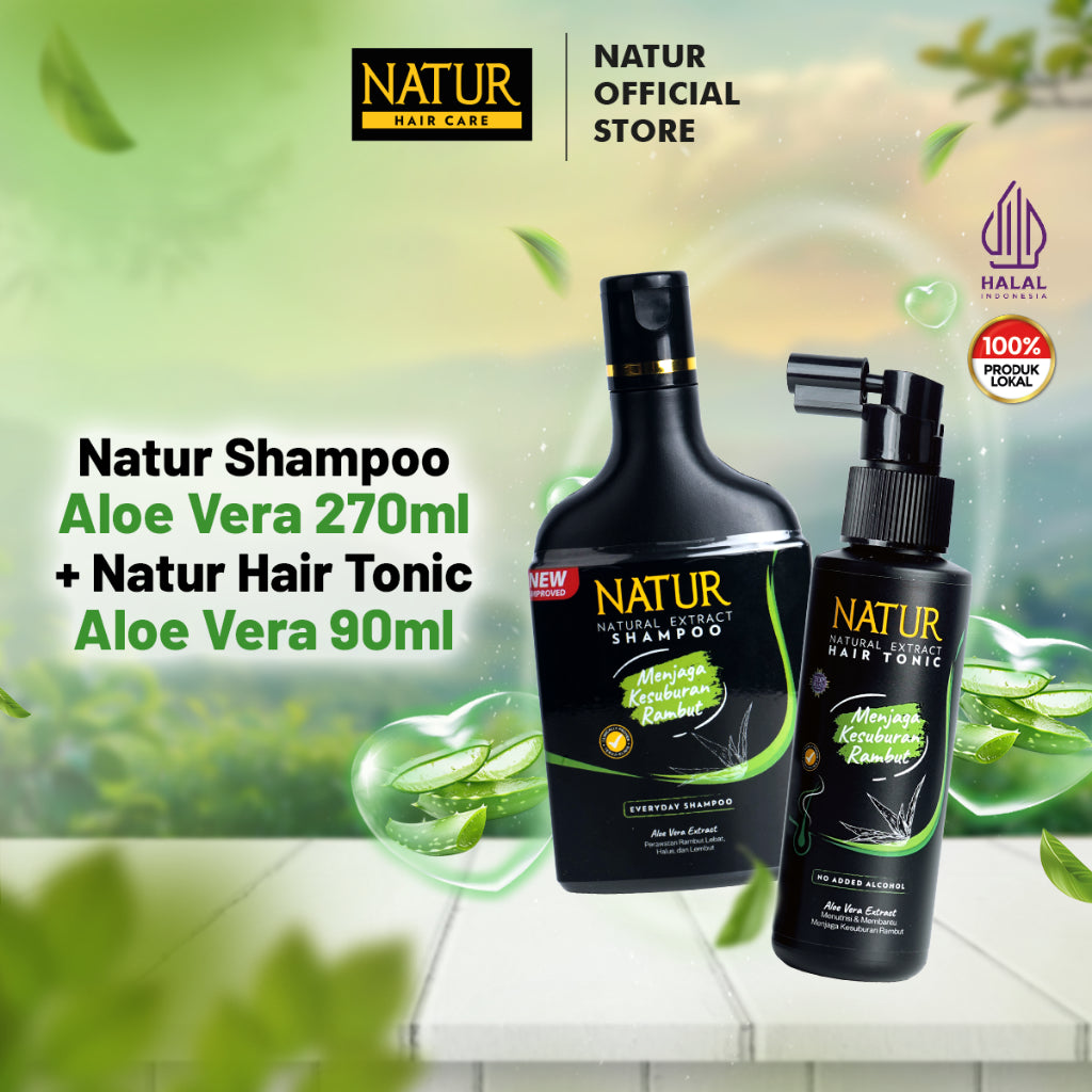 NATUR Shampo Aloevera 270 ml + Hair Tonik Aloevera 90 ml  - Paket Perawatan Rambut Tebal