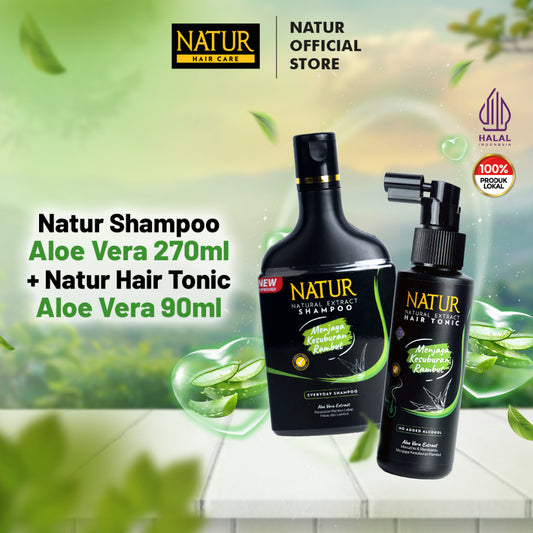 NATUR Shampo Aloevera 270 ml + Hair Tonik Aloevera 90 ml  - Paket Perawatan Rambut Tebal