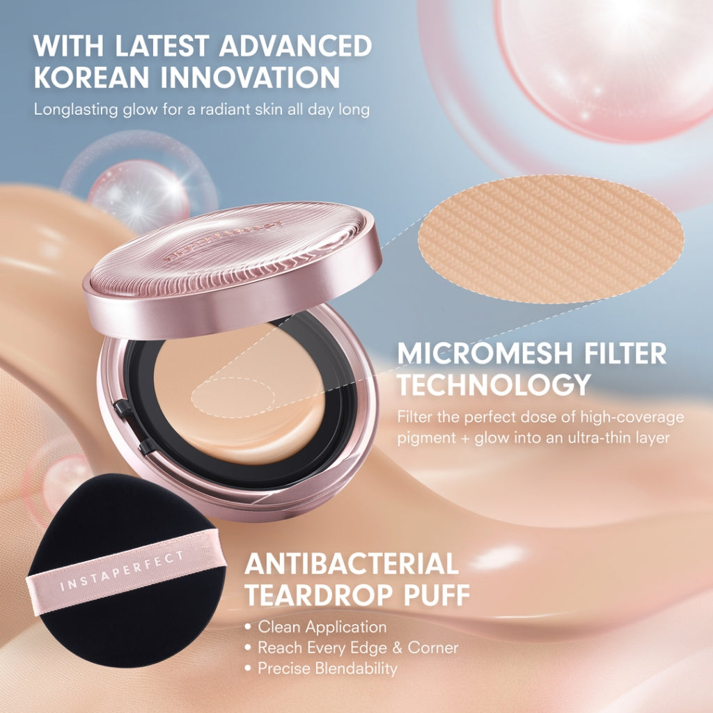 Instaperfect Skin Glow Cover Mesh Cushion High Coverage Formula Dilengkapi dengan SPF 50+ / PA++++  Tampilan Glow Up Natural- Melindungi Kulit dari Sinar UVA dan UVB- Make Up Foundation