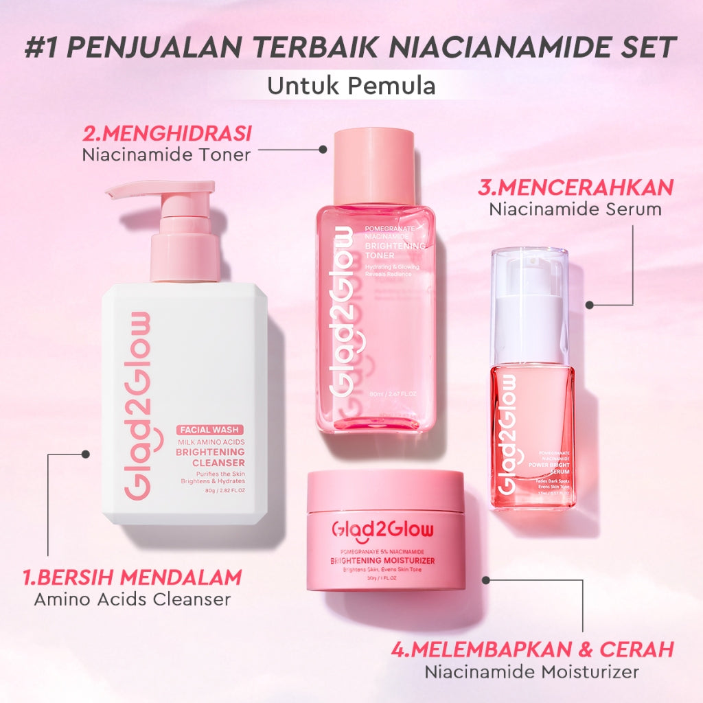 [Cocok Untuk Pemula] Glad2Glow Cerah Glowing Bundle 4in1-Brightening Moisturizer+Serum+Cleanser+toner+Peeling solution+Retinol 10%Niacinamide skincare paket pembersih perawatan kulit mencerahkan warna kulit pelembab wajah all in 1g2glow official store