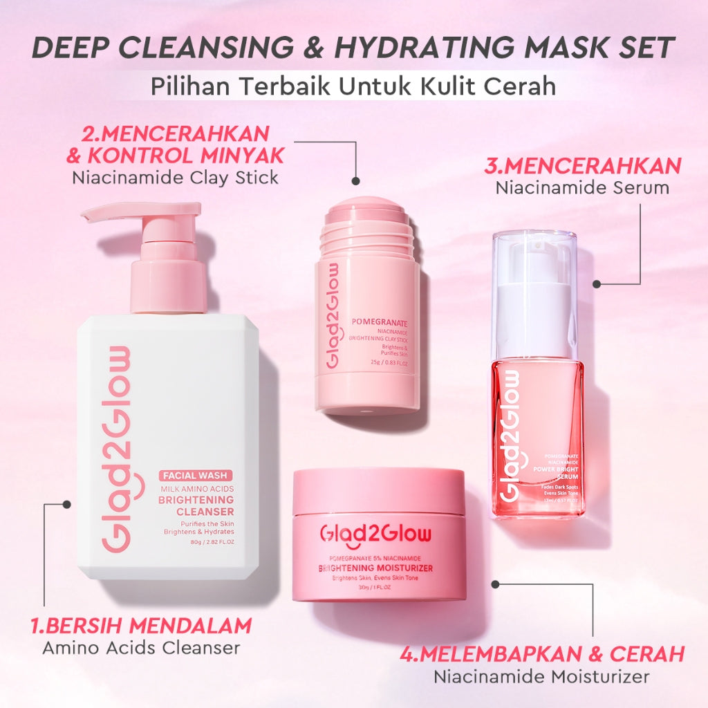 [Cocok Untuk Pemula] Glad2Glow Cerah Glowing Bundle 4in1-Brightening Moisturizer+Serum+Cleanser+toner+Peeling solution+Retinol 10%Niacinamide skincare paket pembersih perawatan kulit mencerahkan warna kulit pelembab wajah all in 1g2glow official store