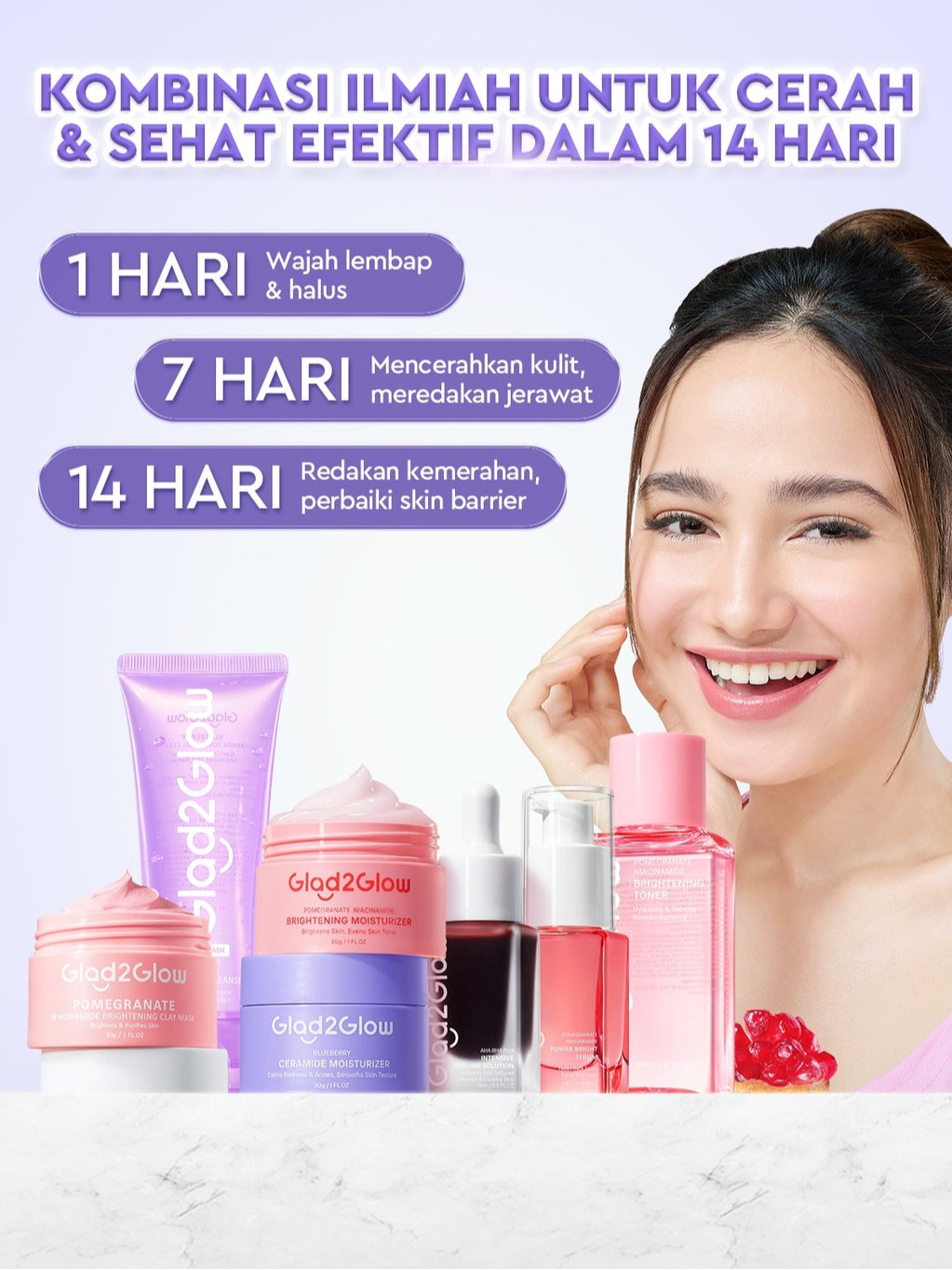 Glad2Glow Cerah&Pulihkan Bundle all in 1 7in1 Glowing skincare Brightening Set-Pulihkan/Cerah Krim+Cerah/kulit halus Serum+Pulihkan cleanser+Cerah Toner whitening Moisturizer facial wash Pelembab skincare 1 set lengkap G2G glad2glow official store