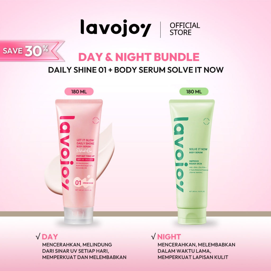 [BUNDLE DAY&NIGHT] Lavojoy Let It Glow Daily Shine Body Serum Instant Tone Up Delicate Rose with SPF 50 PA++++ & Body Serum Skin Brightening | Mencerahkan dan Melembabkan kulit |  Body Serum Siang dan Malam