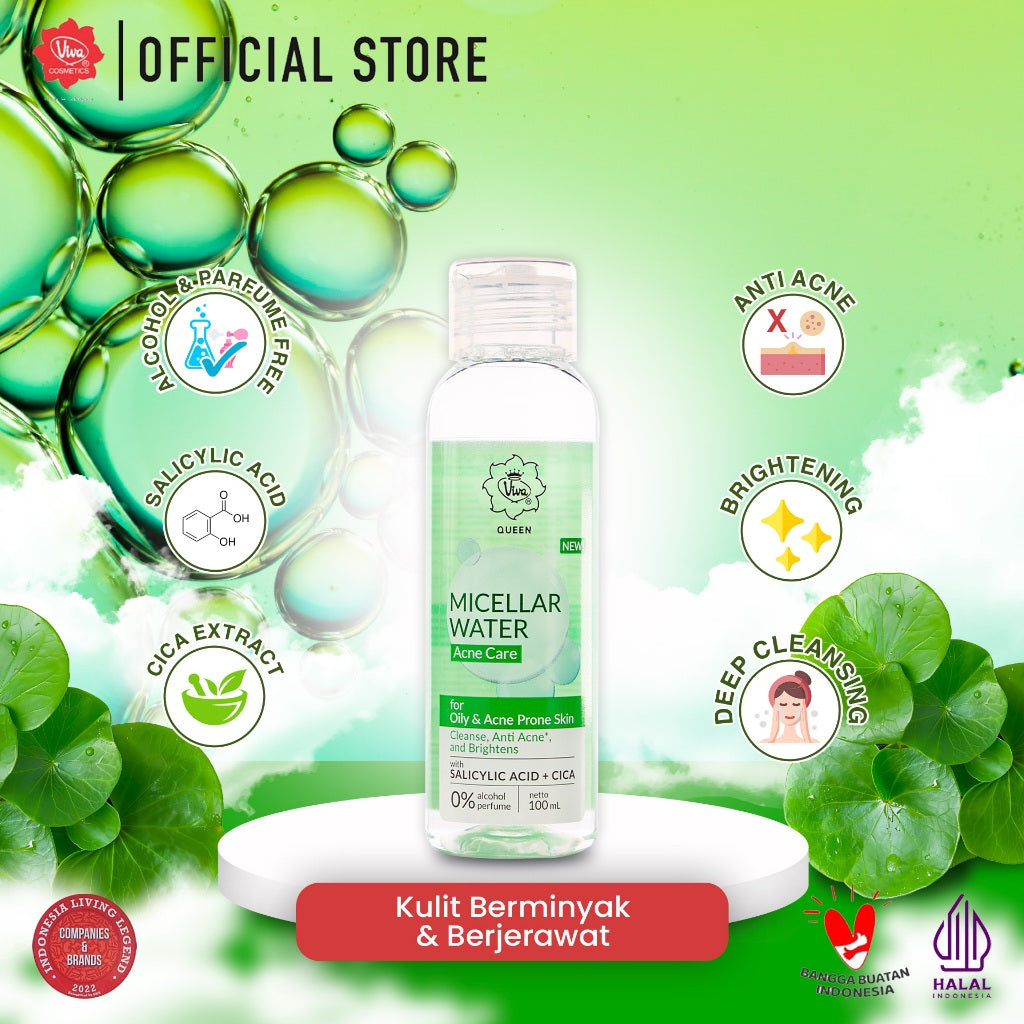 Viva Queen Micellar Water Acne Care with SALICYLIC ACID + CICA, Aqua Based, Alcohol Free & Fragrance Free - Daily Cleanser & Make Up Remover 100ml