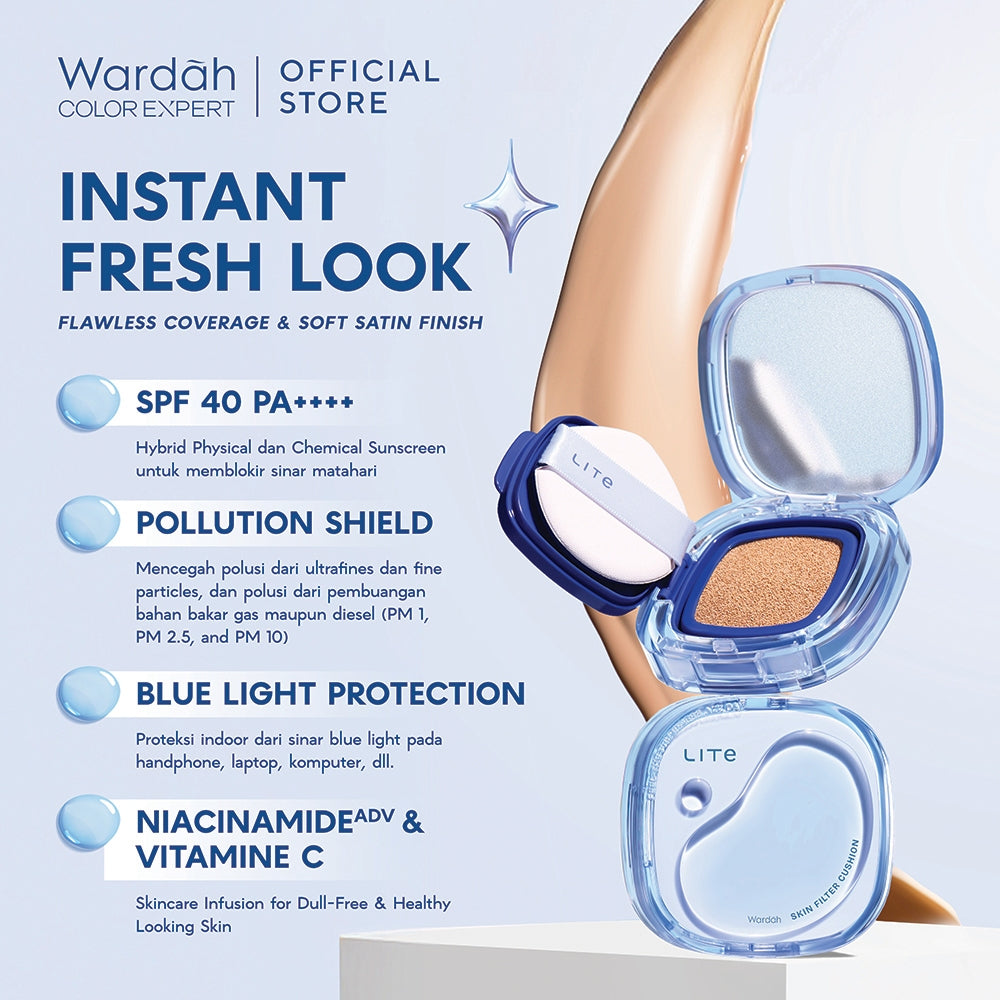 NEW LAUNCH! Wardah Lite Skin Filter Cushion 11 g - Wardah Skin Filter Cushion - Make Up Ringan Tahan 8 Jam - Flawless Coverage Powder Foundation Glad Setting BB Cream Soft Satin and Glow | Lightening | Light Plus | Light + | Lightplus Makeup