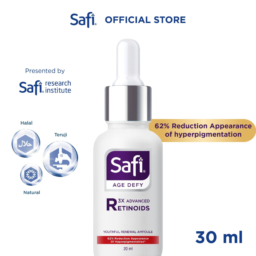 Safi Age Defy 3X Advanced Retinoid Series (Cleanser 100gr, Ampoule 20ml, Moisturizer 40gr) - Sabun Cuci Muka Non SLS, Serum Wajah Glowing, Krim Wajah Anti Aging | Better Than Retinol
