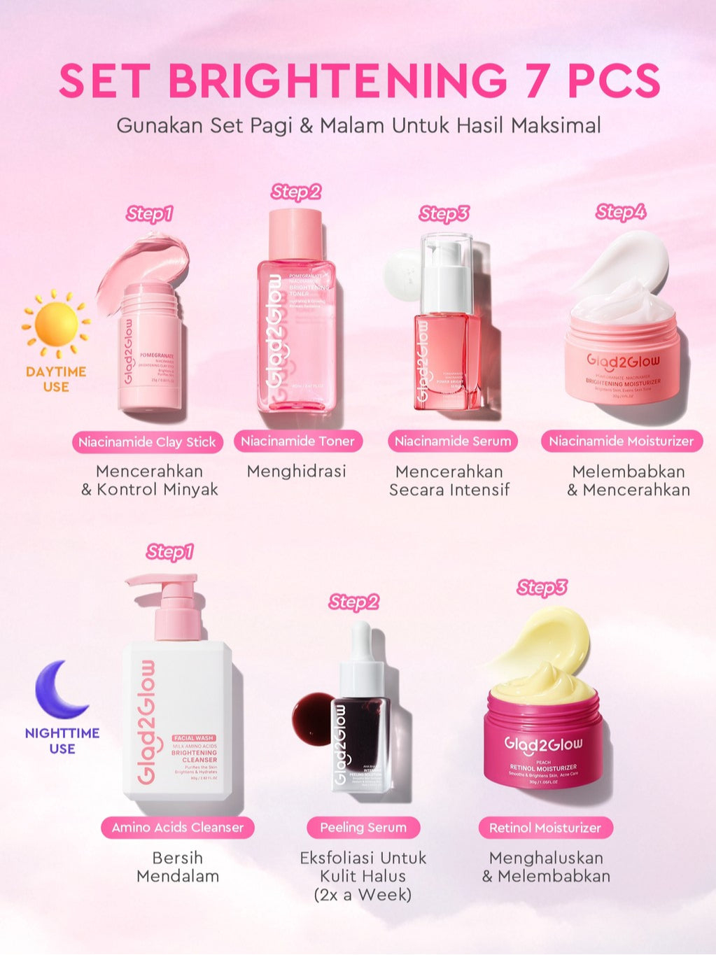 [Cocok Untuk Pemula] Glad2Glow Cerah Glowing Bundle all in 1 7in1-Brightening Moisturizer+Serum+Cleanser+toner+Peeling solution+Retinol 10%Niacinamide skincare paket pembersih perawatan kulit mencerahkan warna kulit pelembab wajah g2glow official store