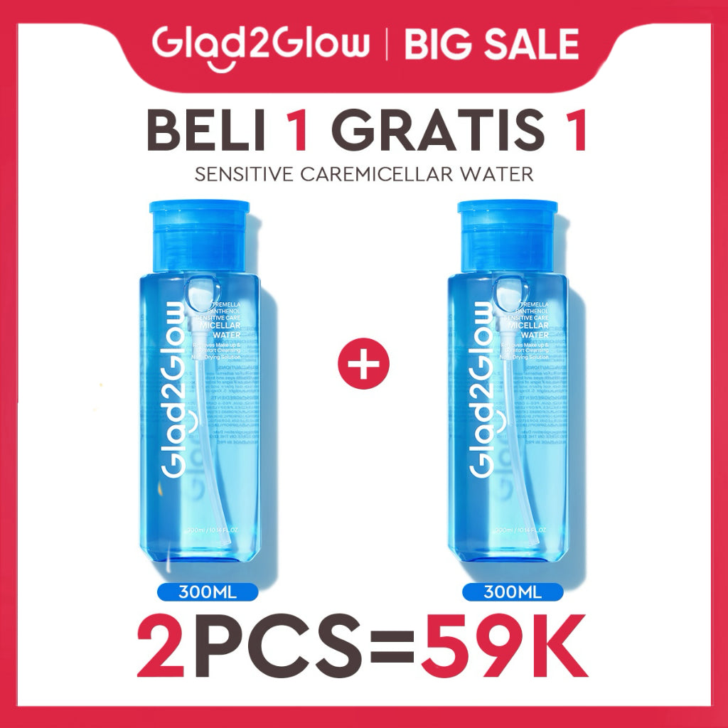GLAD2GLOW Tremella Panthenol Sensitive Care Micellar Water-300ml Pembersih Wajah Make Up Remover Cleansing Water Membersihkan makeup waterproof dan kotoran Menenangkan dan menghidrasi kulit Tidak terasa lengket setelah membersihkan g2glow official store