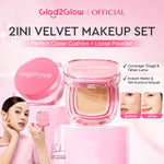 Glad2Glow 2lN1 VELVET MAKEUP SET-LOOSE POWDER+CUSHION Coverage Tinggi Second Skin Flawless Semi Matte Transferproof Tahan Lama instan Blurring Minyak Extract Air Blurry Technology
