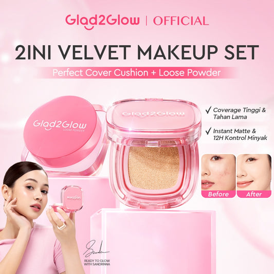 Glad2Glow 2lN1 VELVET MAKEUP SET-LOOSE POWDER+CUSHION Coverage Tinggi Second Skin Flawless Semi Matte Transferproof Tahan Lama instan Blurring Minyak Extract Air Blurry Technology