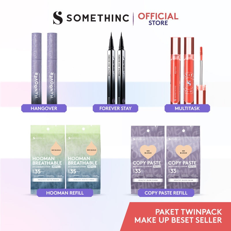 SOMETHINC [BELI 2 PCS LEBIH HEMAT]  Makeup Best Seller Product Twin Pack Kit - Hangover Mascara - Forever Stay Eyeliner - Refill Cushion - Multitask Water Gloss | Waterproof Mascara, Tahan Lama, Dengan Efek Lashlift Instan yangTahan 24 Jam