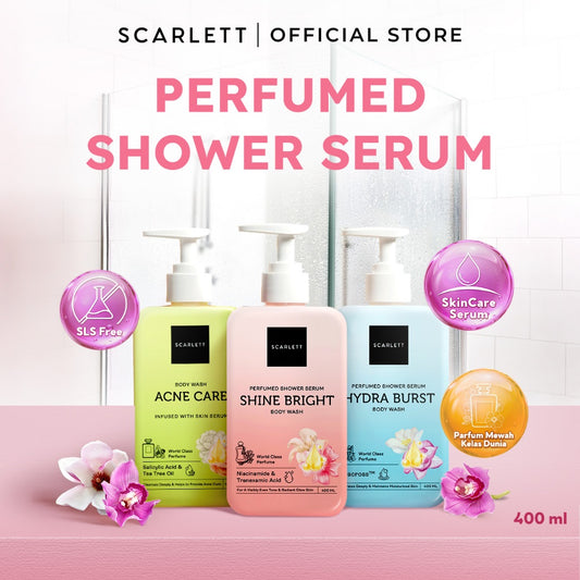 SCARLETT Perfumed Shower Serum 400ml - Brightening, Hydrating, Acne Care | Sabun Mandi Cair untuk Mencerahkan, Melembabkan, Merawat Kulit Berjerawat Jerawat Punggung | Shower Gel Wangi Parfum Mewah Kelas Dunia