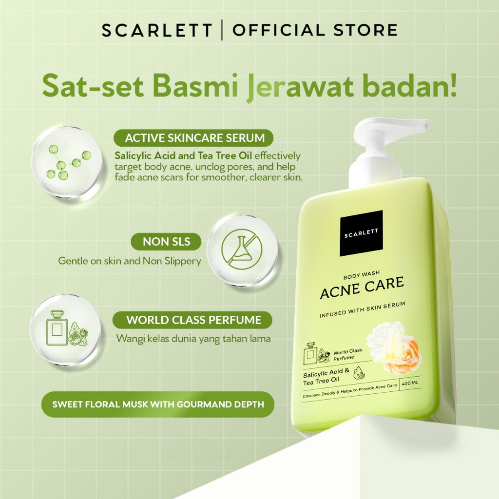SCARLETT Perfumed Shower Serum 400ml - Brightening, Hydrating, Acne Care | Sabun Mandi Cair untuk Mencerahkan, Melembabkan, Merawat Kulit Berjerawat Jerawat Punggung | Shower Gel Wangi Parfum Mewah Kelas Dunia