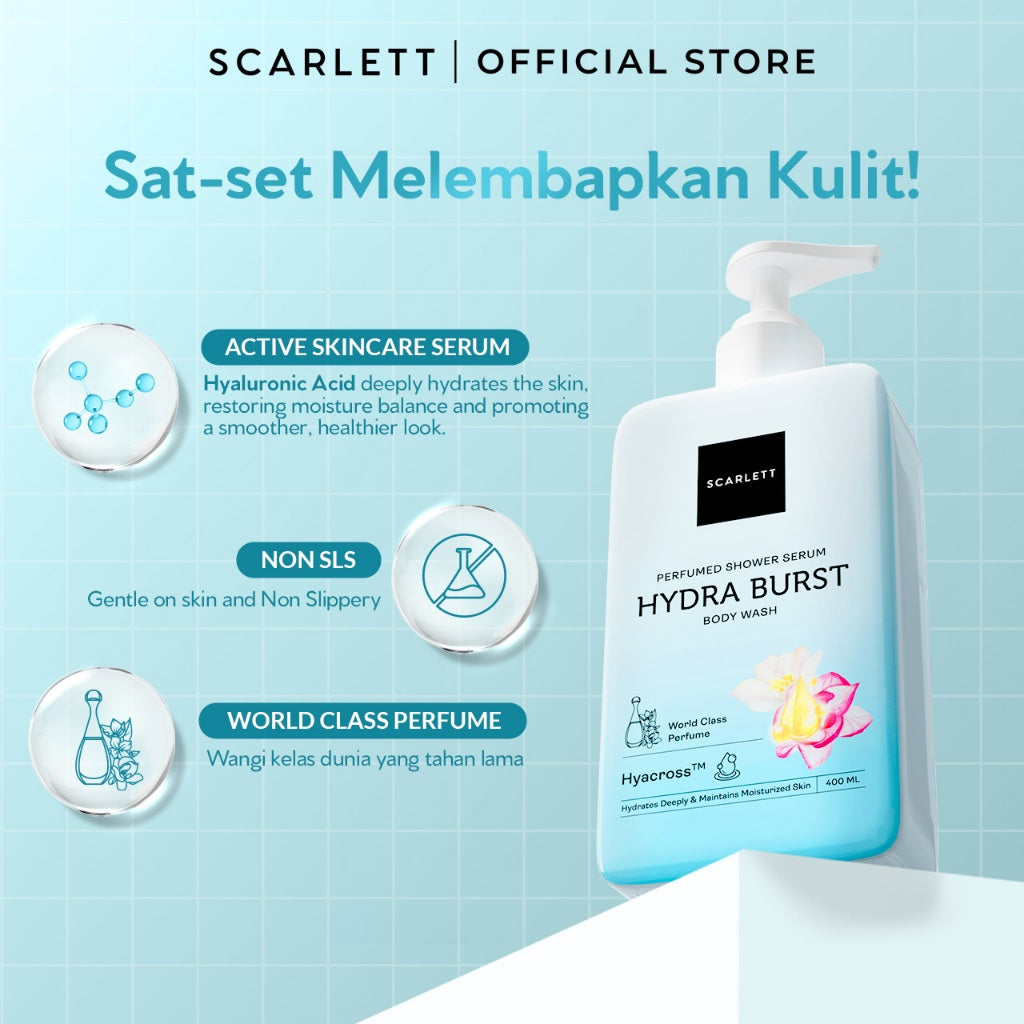 SCARLETT Perfumed Shower Serum 400ml – Hydra Burst | Hydrating Shower Gel dengan Hyacross™ | Sabun Mandi Cair Melembabkan Kulit Kering, Menjaga Kelembapan | Kulit Lembut & Kenyal dengan Wangi Parfum Mewah Kelas Dunia