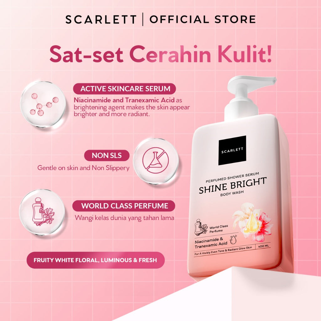 SCARLETT Perfumed Shower Serum 400ml - Brightening, Hydrating, Acne Care | Sabun Mandi Cair untuk Mencerahkan, Melembabkan, Merawat Kulit Berjerawat Jerawat Punggung | Shower Gel Wangi Parfum Mewah Kelas Dunia