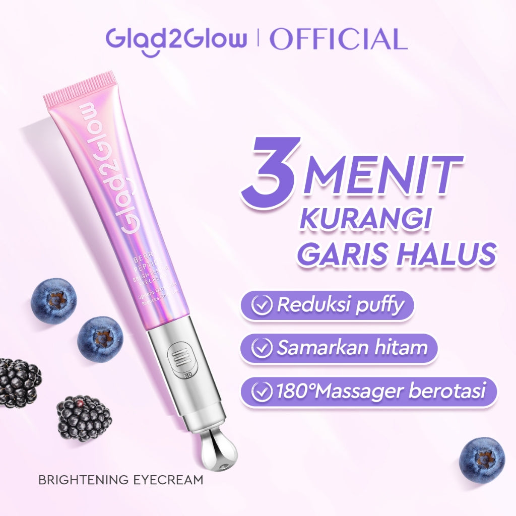 Glad2Glow Berry Eye Cream Brightening Eye Serum | Krim Mata with Electronic Massager with Peptide mata panda  kantung mata untuk Mengurangi Kantung Mata Eye Cream Eye Serum Penghilang Mata Panda Kantung Mata Cream Treatment g2glow official store