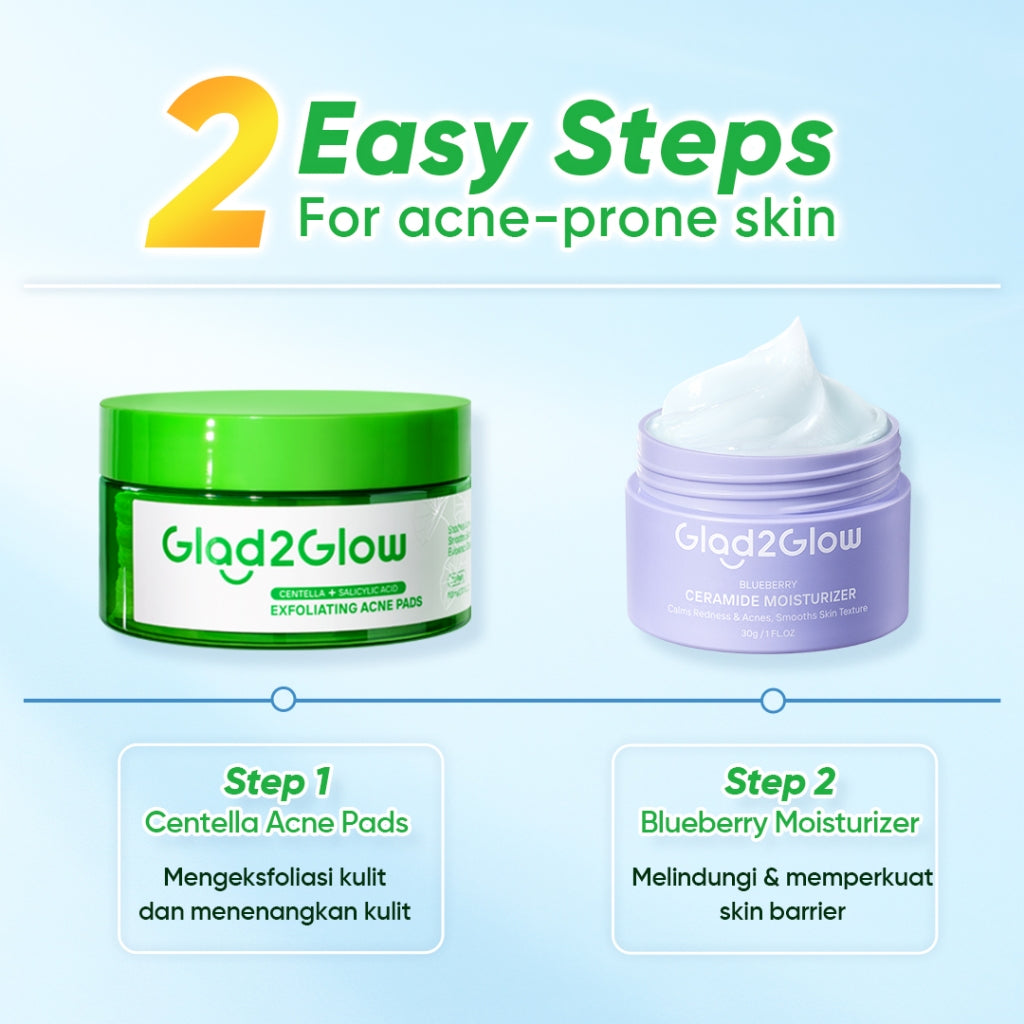 Glad2Glow Centella Salicylic Acid Exfoliating Acne Toner Pads Gentle Eksfoliasi Kulit Jerawat Kulit Sensitif (30 pads) Centella Pads Lactic Acid Malic AHA BHA Peeling Serum Acne Spot Serum Cica Acne Clear Pad Treatment Jerawat exfoliasi wajah obat jerawat